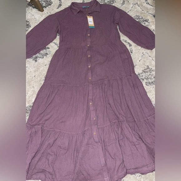 Womens Modest Boho Button Front Tiered Maxi/MIDI Dress
